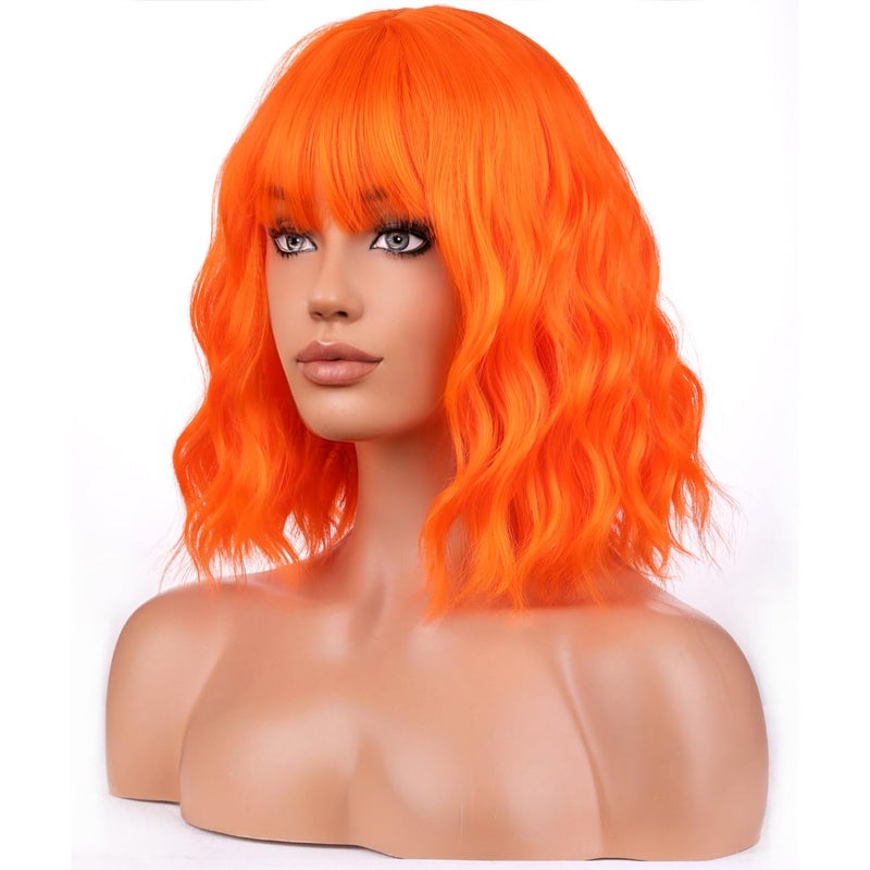 BERON Orange Wigs for Women Short Curly Girls Neon Orange Wig Womens Bright Colored 12" Wavy Bob Heat Resistant Synthetic Hair Wig with Wig Cap - Image 1
